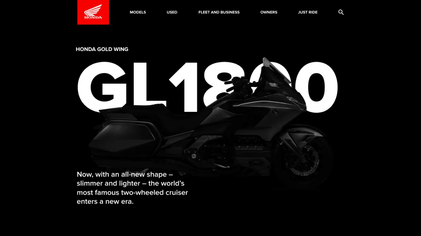 A web page for the Honda Gold Wing: “GL1800” in large letters behind the motorcycle